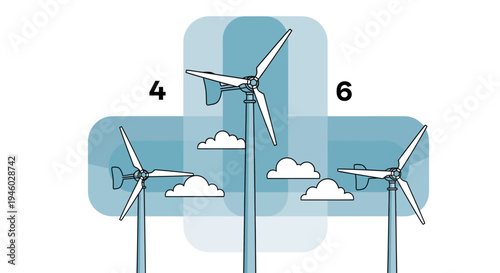 Minimalist wind turbines in geometric cloudy sky with numerals