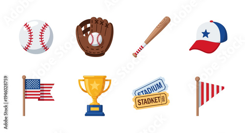 Baseball equipment and icons set: bat, glove, cap, trophies, and flags