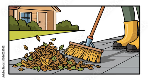 Autumn cleanup: cartoon style yard maintenance with broom and leaves
