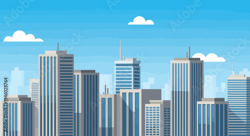 Modern city skyline with tall buildings and clear blue sky