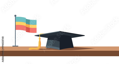 Flat graduation cap and flag on table representing education success and achievement