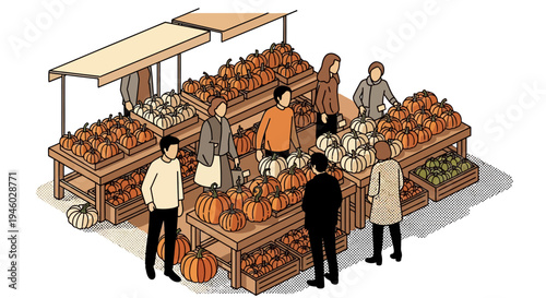 Autumn farmers market scene with people shopping for pumpkins