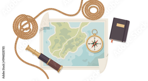 Adventure planning: nautical map with compass, rope, and telescope in flat design