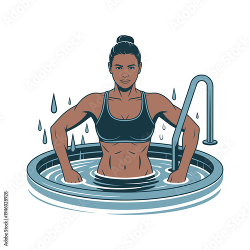 A fit woman relaxing in a cold water tub after an intense workout