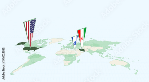 World Map with 3D Flag Pins for USA, Israel, and Iran Locations