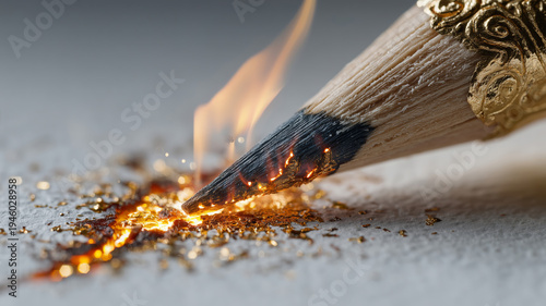 Creative sparks ignite from a burning pencil tip in a dynamic art scene