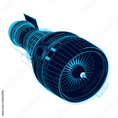 A detailed blueprint of a jet engine on a white background