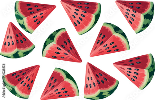 Fresh slices of juicy watermelon are scattered across a white background. Each piece reveals vibrant red flesh dotted with dark black seeds.