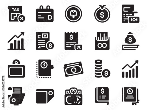 Collection of 20 finance and business glyph style icons for digital applications