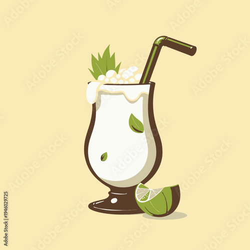 Illustration of Refreshing Coconut Beverage with Foamy Top and Lime Garnish in Brown Glass with Straw