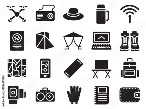 Camping and outdoor adventure icons collection for travel and exploration themes
