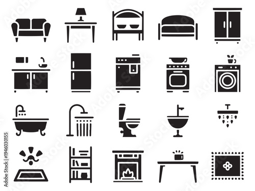 Collection of 20 black glyph style icons for home furniture and appliances isolated