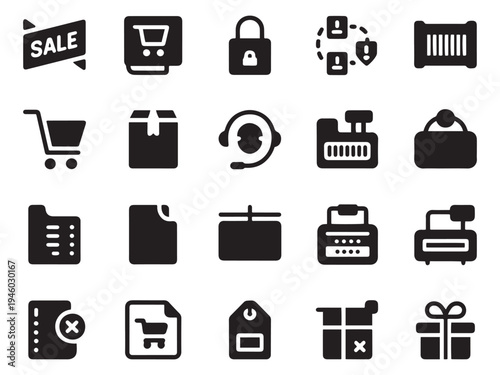 Collection of 20 black glyph style icons representing shopping e-commerce and business concepts
