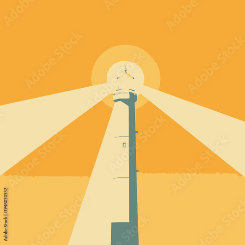 Illuminated Lighthouse Casting Bright Beams Over Serene Golden Horizon with Clear Sky and Majestic Structure