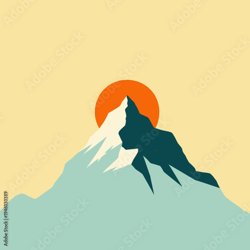 A minimalistic illustration featuring a prominent mountain peak with sharp edges and steep slopes, silhouetted against a bold, vivid orange sunset on a pastel sky.