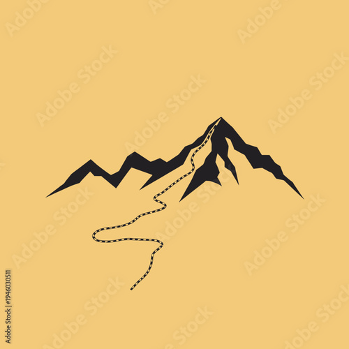 Minimalist depiction of a mountain with a winding path or climbing route leading to the summit, captured in a simple black silhouette against a beige background.