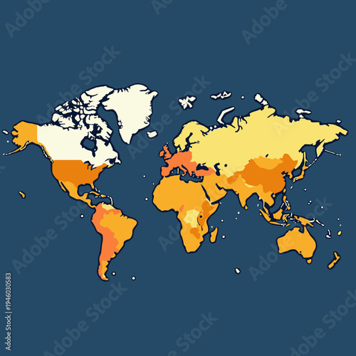 Colorful World Map Featuring Distinctive Continental Outlines and Vivid Geographic Details on a Deep Blue Background