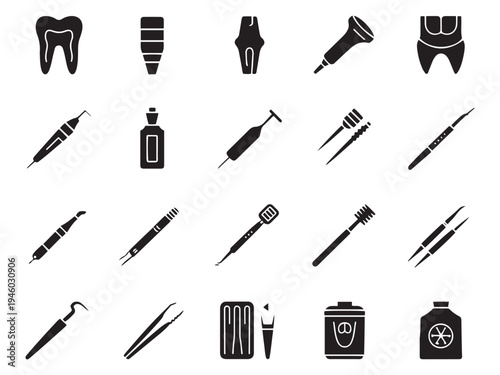 Collection of 20 dental care icons representing tools and equipment for oral hygiene