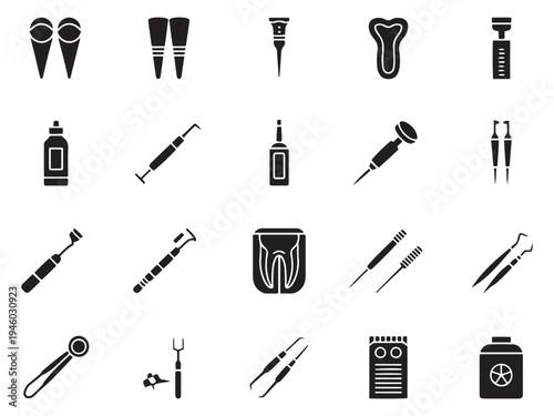 Collection of 20 dental icons glyph style for professional healthcare and medical applications