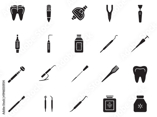 Collection of 20 dental icons representing tools and teeth for health and care services