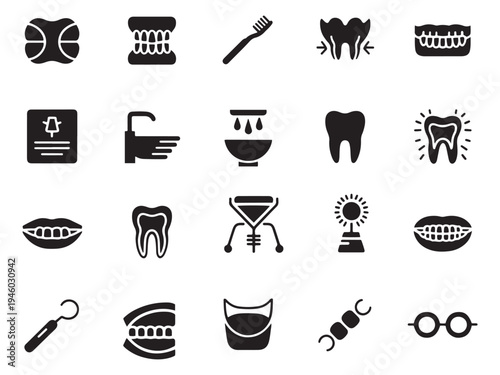 Collection of 20 dentist and dental care glyph style icons for medical and health services