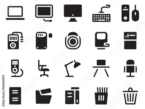 Collection of 20 digital technology and office item icons representing modern work and computing