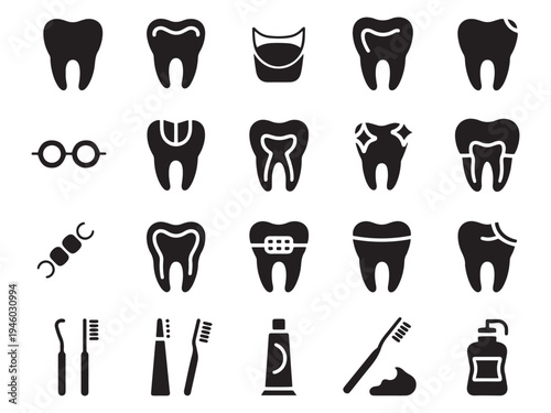 Collection of 20 diverse dental icons representing oral care and health concepts