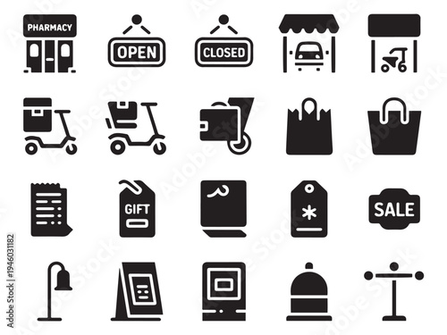 Collection of 20 diverse glyph style icons for e-commerce and retail business needs