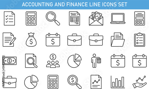 Accounting and finance line icons set, tax report, calculator, money management, financial analytics, business accounting vector outline symbols