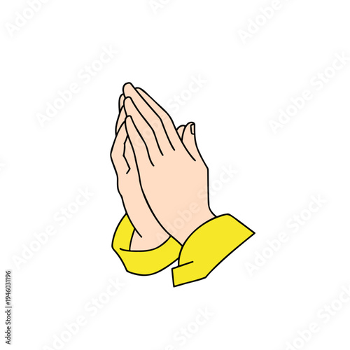 Two hands clasped together in prayer gesture with yellow sleeves  