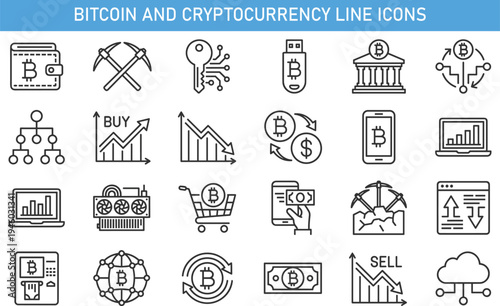 Bitcoin and cryptocurrency line icons set featuring blockchain network, crypto mining, digital wallet, bitcoin exchange, trading charts, fintech payment, decentralized finance technology
