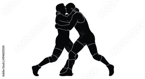 Two male wrestlers grappling in an intense hold, powerful vector illustration showcasing competitive sport.
