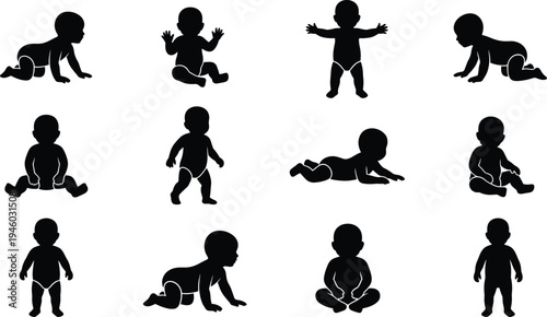 Baby growth stages silhouette set showing crawling sitting standing walking infant poses isolated black toddler development milestone vector illustration collection