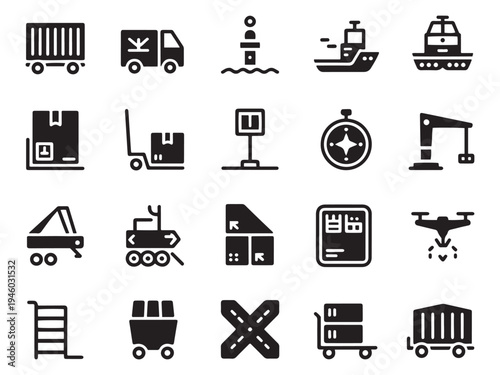 Collection of 20 diverse logistics and transportation icons in a bold glyph style for easy visual communication.