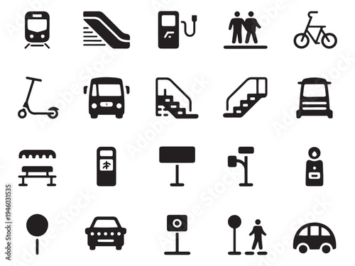 Collection of 20 diverse transportation and public service icons for modern digital interfaces