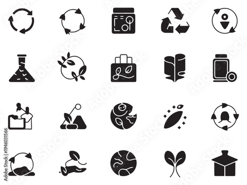 Collection of 20 eco-friendly and recycling glyph style icons for sustainable living and business