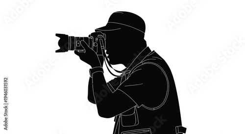Silhouette vector illustration of a photographer capturing moments with a professional dslr camera design.