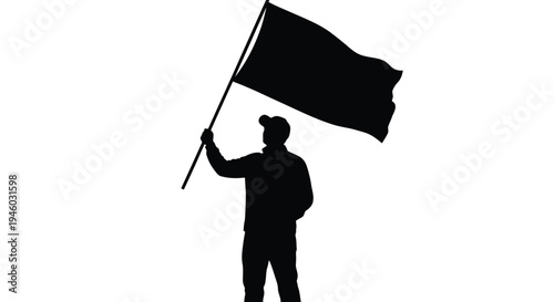 A powerful vector graphic illustration featuring a silhouette of a person holding a large waving black flag