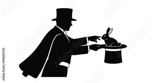 Magician character in silhouette performing the classic rabbit out of a hat vector graphic.