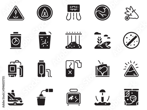 Collection of 20 environmental icons showing pollution recycling and nature themes
