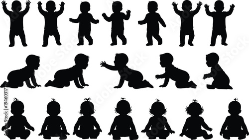 Baby silhouette collection showing crawling sitting standing walking infant poses set cute toddler activity stages isolated black vector