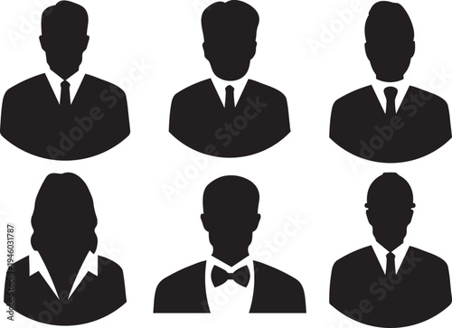 Business Silhouettes: A compilation of professional silhouettes, each representing an individual in formal attire, ideal for illustrating concepts of business, diversity, and the modern workplace.