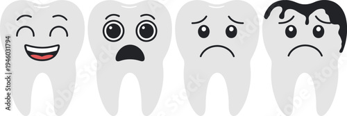 Four cartoon teeth visually explain the stages of dental health and decay. The sequence starts with a happy, healthy tooth and progresses to a shocked tooth, a sad tooth with a cavity, and finally a c