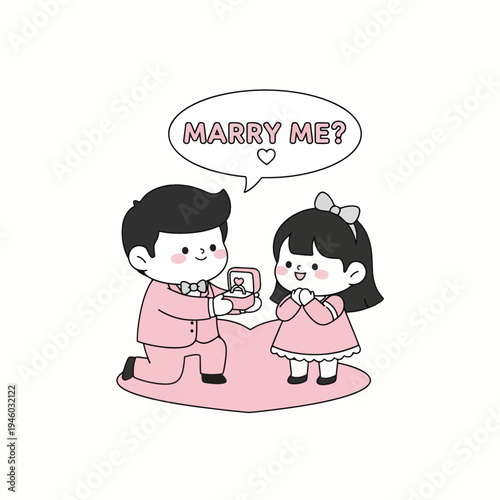 Man proposing to woman with engagement ring in cartoon style  
