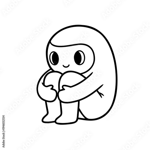 Cartoon character sitting with knees hugged and smiling softly  