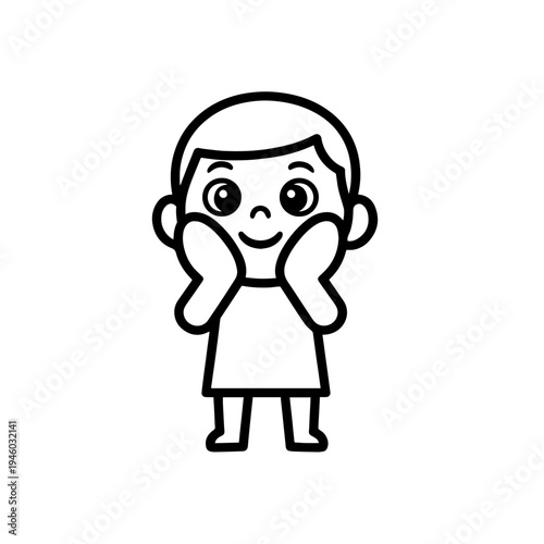 Happy child expressing joy with hands on cheeks in outline style  