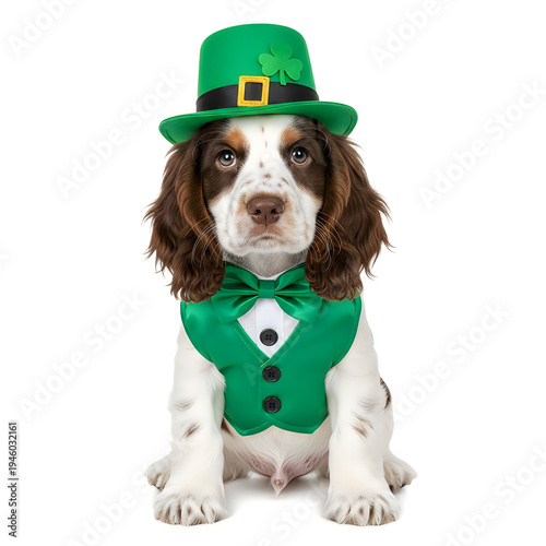 Adorable dog dressed in st. patrick's day outfit with green hat and vest