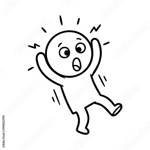 Cartoon character surprised and reacting with raised arms in panic  