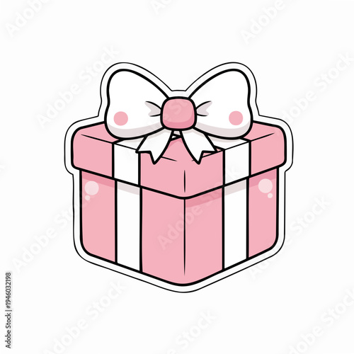 Cute pink gift box with ribbon and bow in cartoon style  