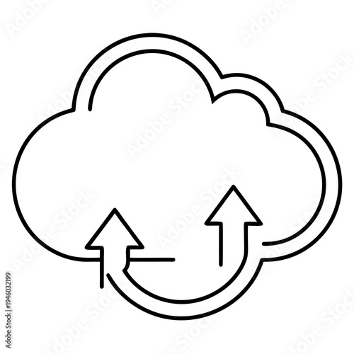Cloud data transfer icon with upload and download arrows for database synchronization backup storage computing network connectivity hosting service web technology concept vector line art illustration
